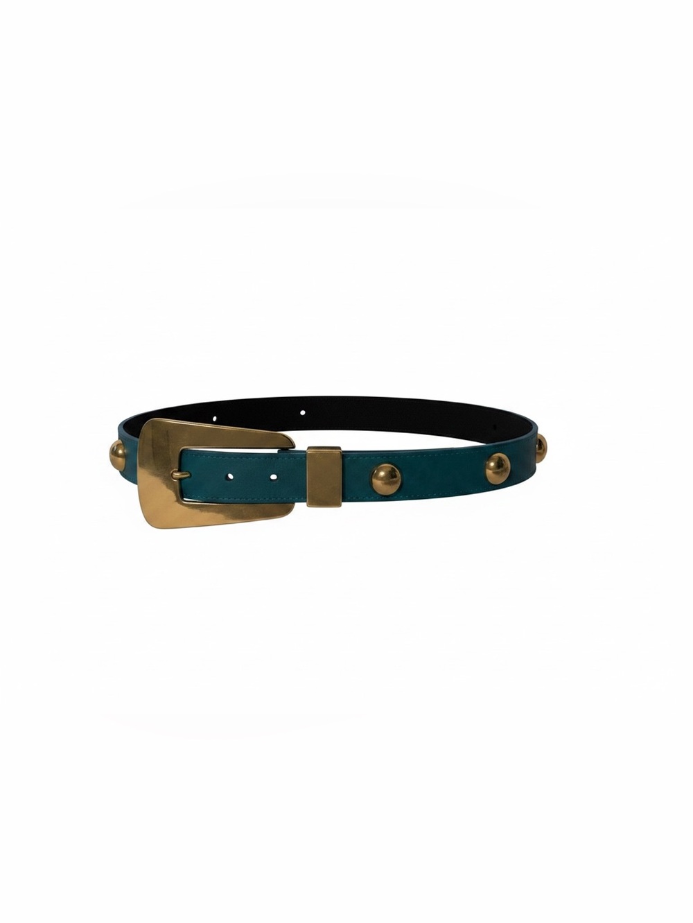 Vintage Teal Studded Leather Belt with Gold Buckle